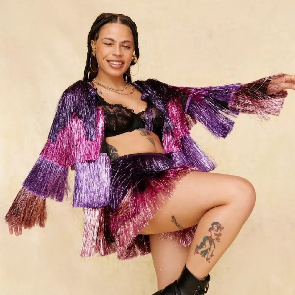 Nasty Gal Metallic Tiered Fringe Open Front Jacket